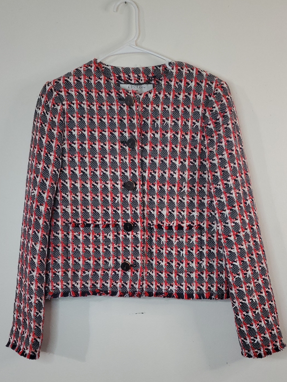 Women's L.K Bennett Danna Red & Navy Tweed Button-Front Blazer Jacket Size 6 - Picture 2 of 14